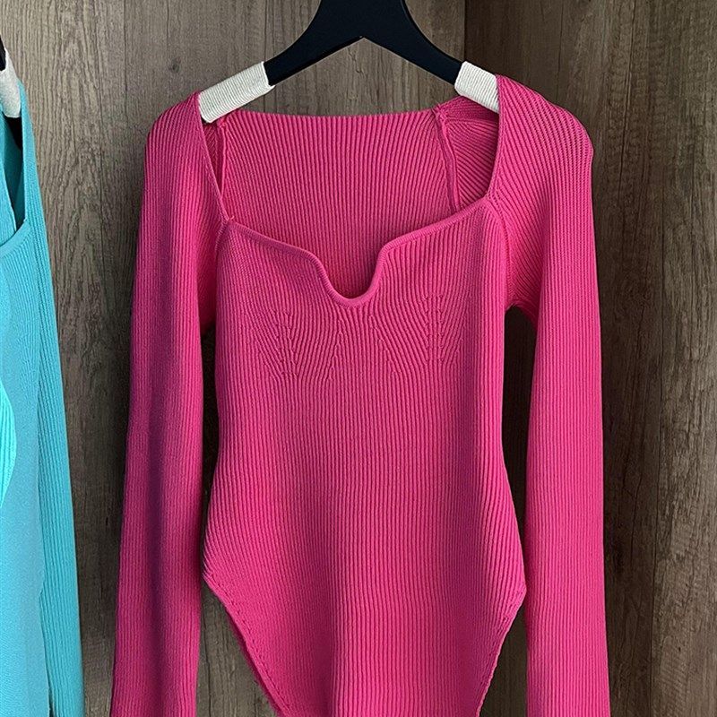 Square Collar Long Sleeve Woman Sweaters Knitted Pullover Wo