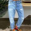 New Women's Casual Distressed Straight Leg Jeans, Multi-Button Detail Washed Denim Pants for Street Style Fashion