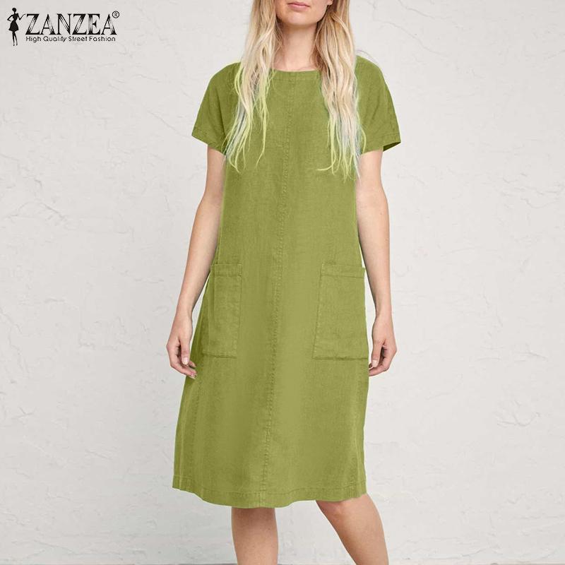 

ZANZEA Женское повседневное хлопковое летнее платье с короткими рукавами и круглым вырезом