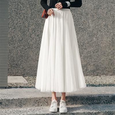 Dames Mesh Elastische Tutu Rok Strand Lente Zomer Koreaans Hoge Taille Mode Geplisseerde Lange Rok Zwart Wit Tule Rokken