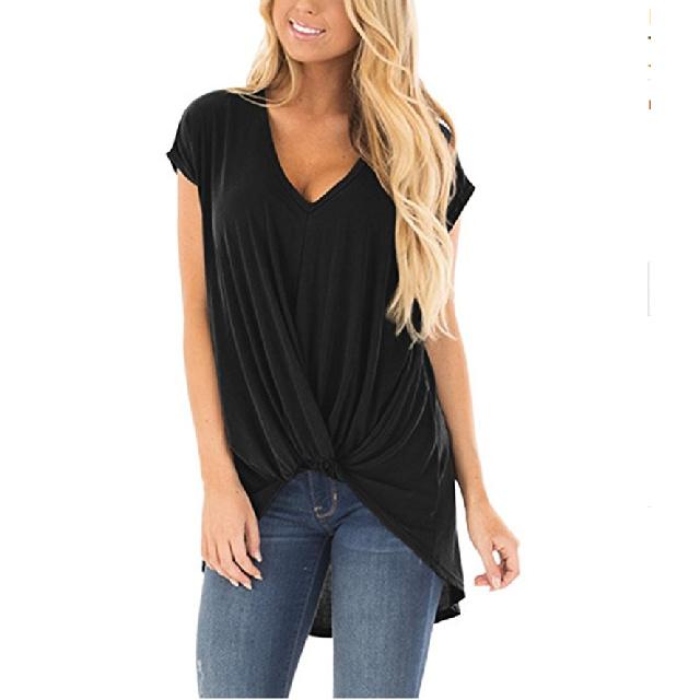2026 Summer Women s New Short-Sleeve Solid Color V-Neck Twisted Breathable T-Shirt S чёрный
