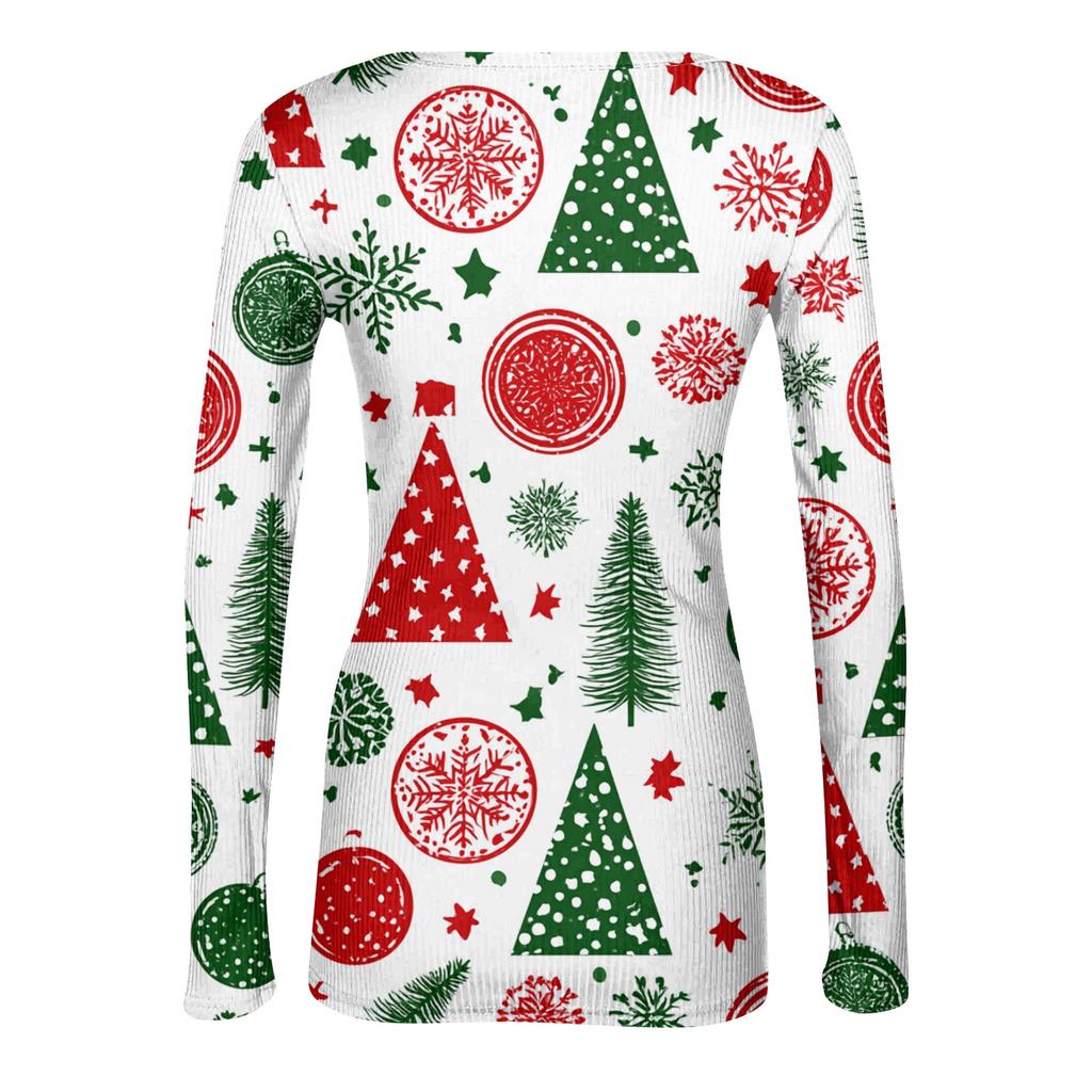 Women's Casual Christmas Print Long Sleeve Ribbed Neck Top