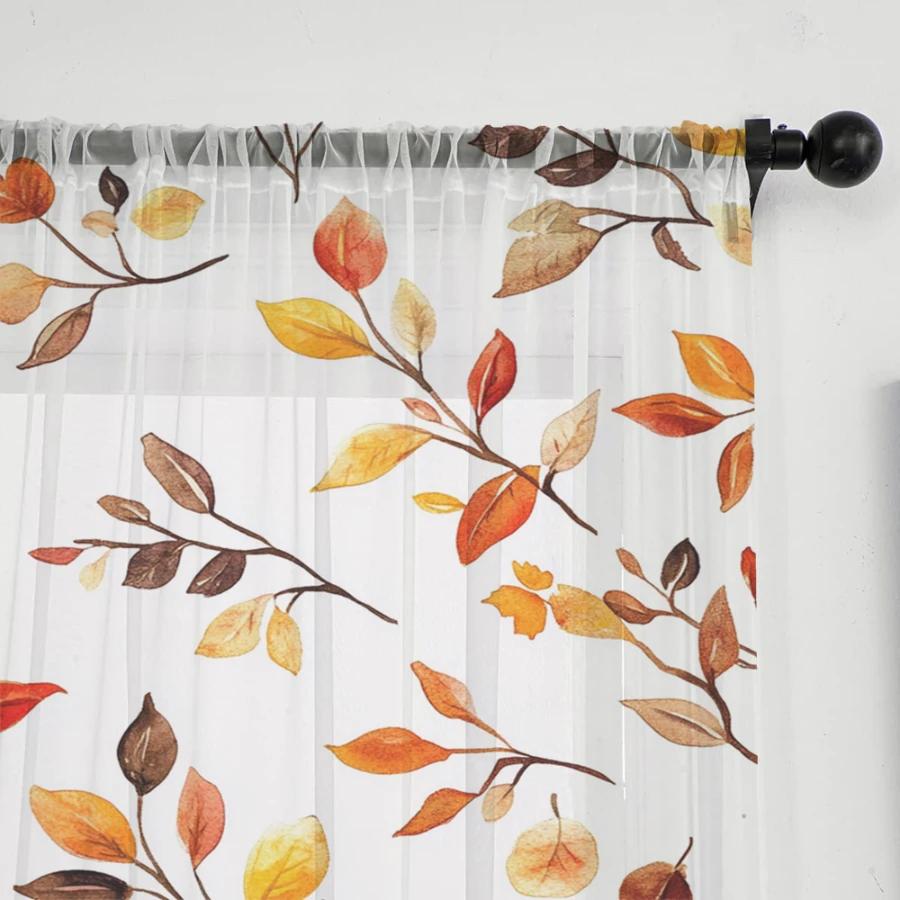 2PCS Digital Print Sheer Curtain, Watercolor Autumn Leaf, Artistic Fall Seasonal - Voile Drapes for Bedroom Living Room Decor