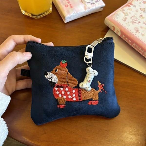 Cute Suede Dachshund Card Holder & Storage Bag for Earphones, Lipstick & More.