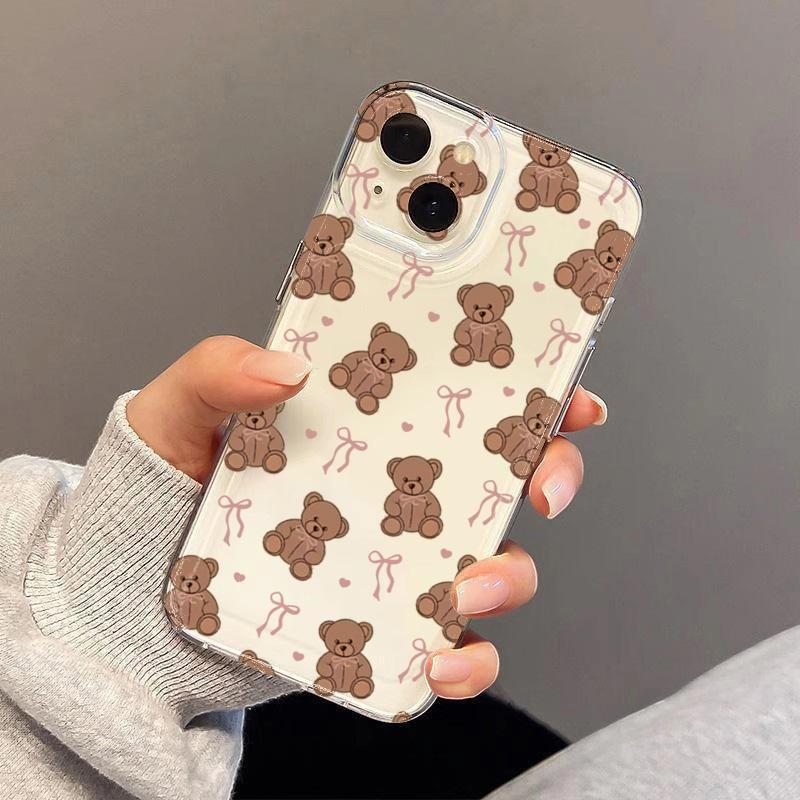 Cute Teddy Bear with Bow Pattern Phone Case for iPhone 17 16 15 14 13 12 11 16E Series Pro Max Plus Double Layer Protection