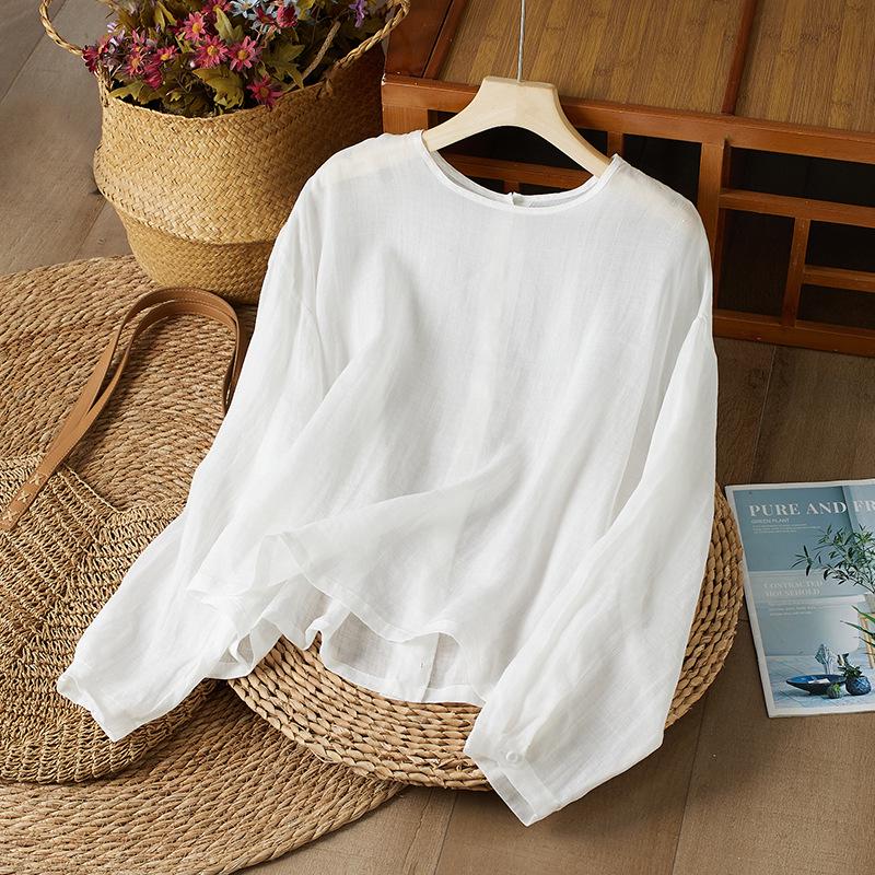 

Two-Way Round Neck Lantern Sleeve Ramie Shirt - Lightweight Autumn Sun Protection Top Medium белый