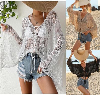 2023 Women's European & American Flare Sleeve Beach Cover-Up: Knitted Hollow-Out Sun Protection Shirt for Bikini Swimsuit