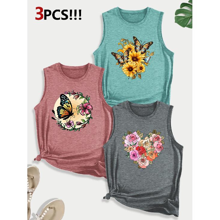 Sunflower and Butterfly Combination Gift Print Pattern Round Neck3Pack of Sleeveless Vests for Women In Spring, Summer, and Autumn