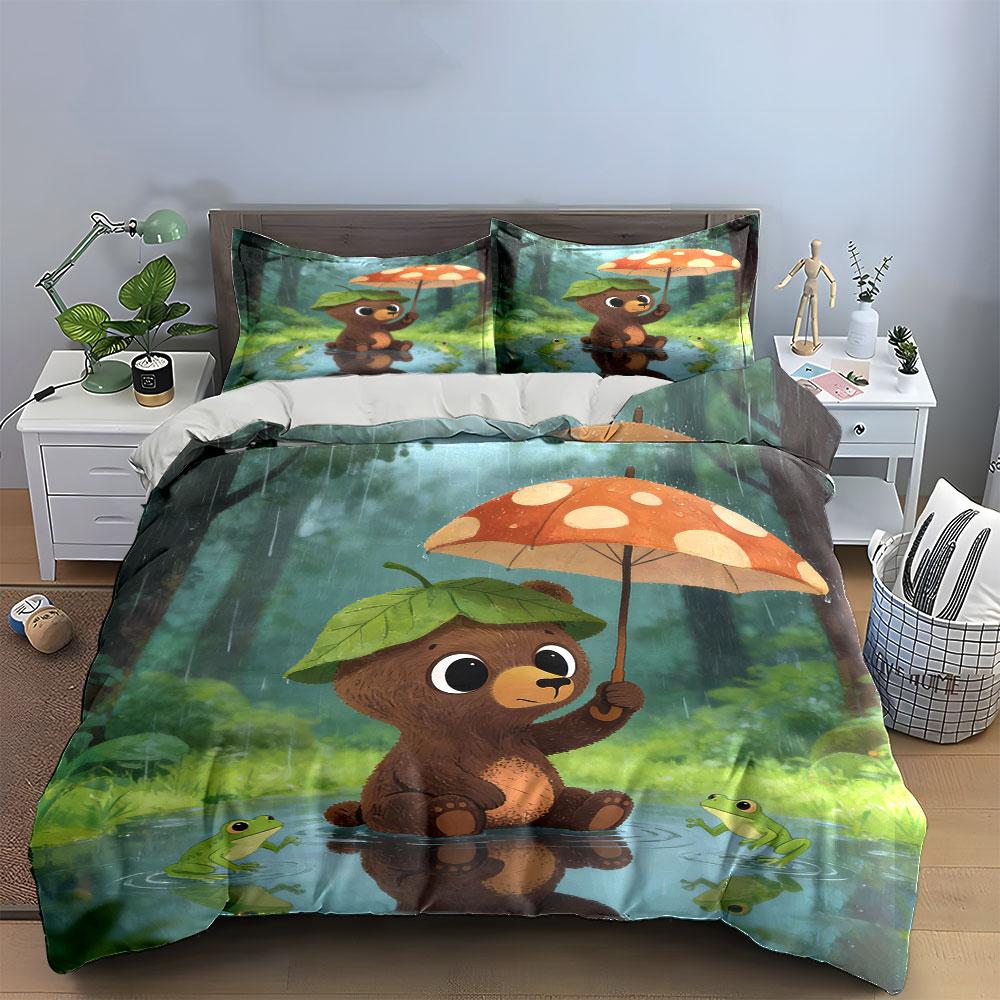 Rainy Forest Bear Decor Set Soft Comfortable Duvet Cover Bedding Set Included 1*Duvet Cover & 2*Pillowcases, Gift