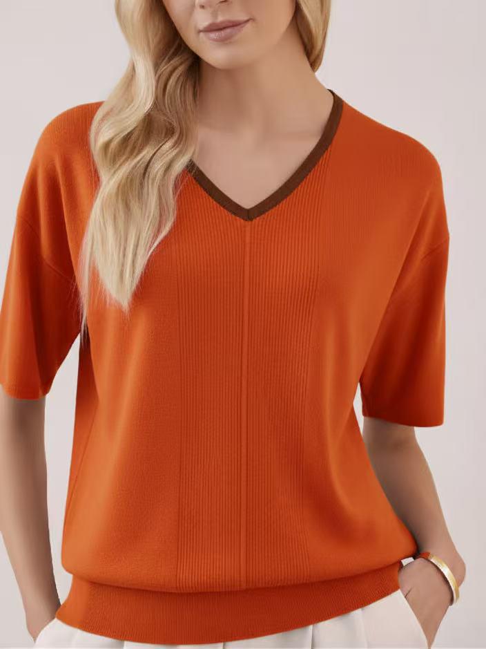 

V-Neck Short-Sleeve Plus-Size Women s Loose Knit T-Shirt L (170/92A), US10-12, EU:40-42 помаранчевий/червоний