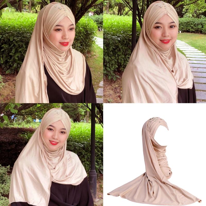 Headscarf Rhinestones Decors High Density Fabric Comfortable Head Scarf Wrap for Outdoor Wear and Fashion
