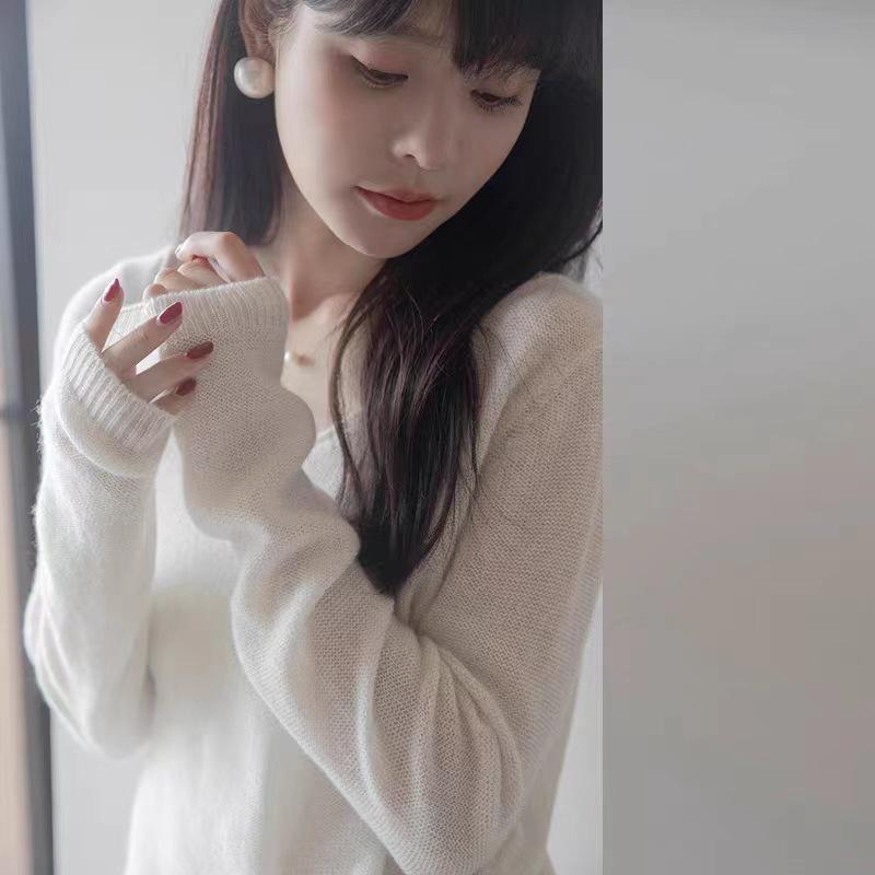 Women's V-Neck Sequined Knit Cashmere Sweater - Loose, Slimming, Long Sleeve, Short & Thin Korean Style for Spring/Autumn