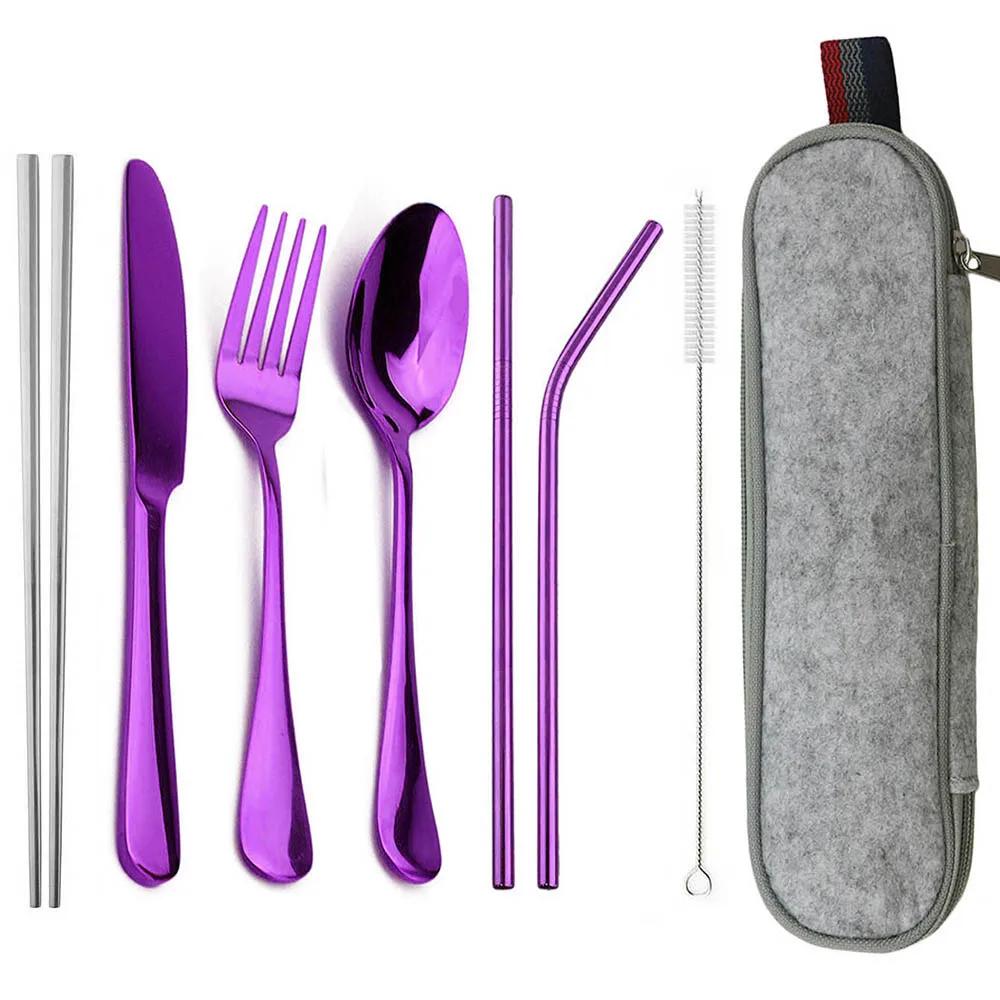 Travel Hiking Portable Dinnerware Set with Pouch Reusable Stainless Steel Straw Cutlery Knife Spoon Fork Chopsticks Silverware