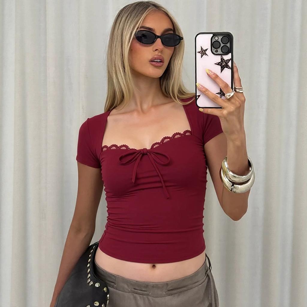Women's spring and summer new fashion lace lace strap slim Spice Girls short-sleeved top T-shirt women