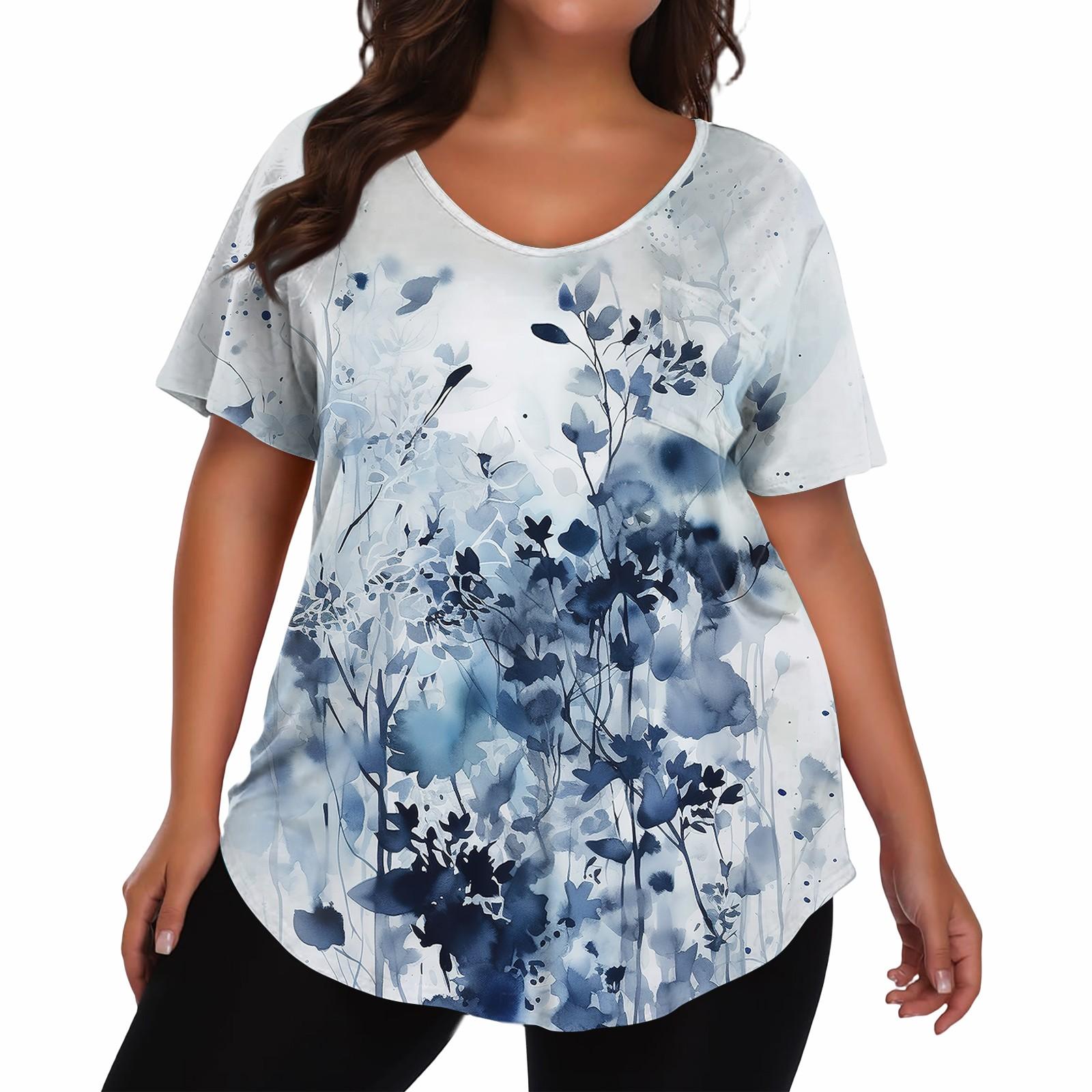 

Женская футболка большого размера, повседневный принт, V-образный вырез, короткий рукав XL синий