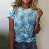2025 New Summer Temperament Women's Floral Blue Printed Women's T-shirt Round Neck Short Sleeve Street Casual Daily Basic Tops