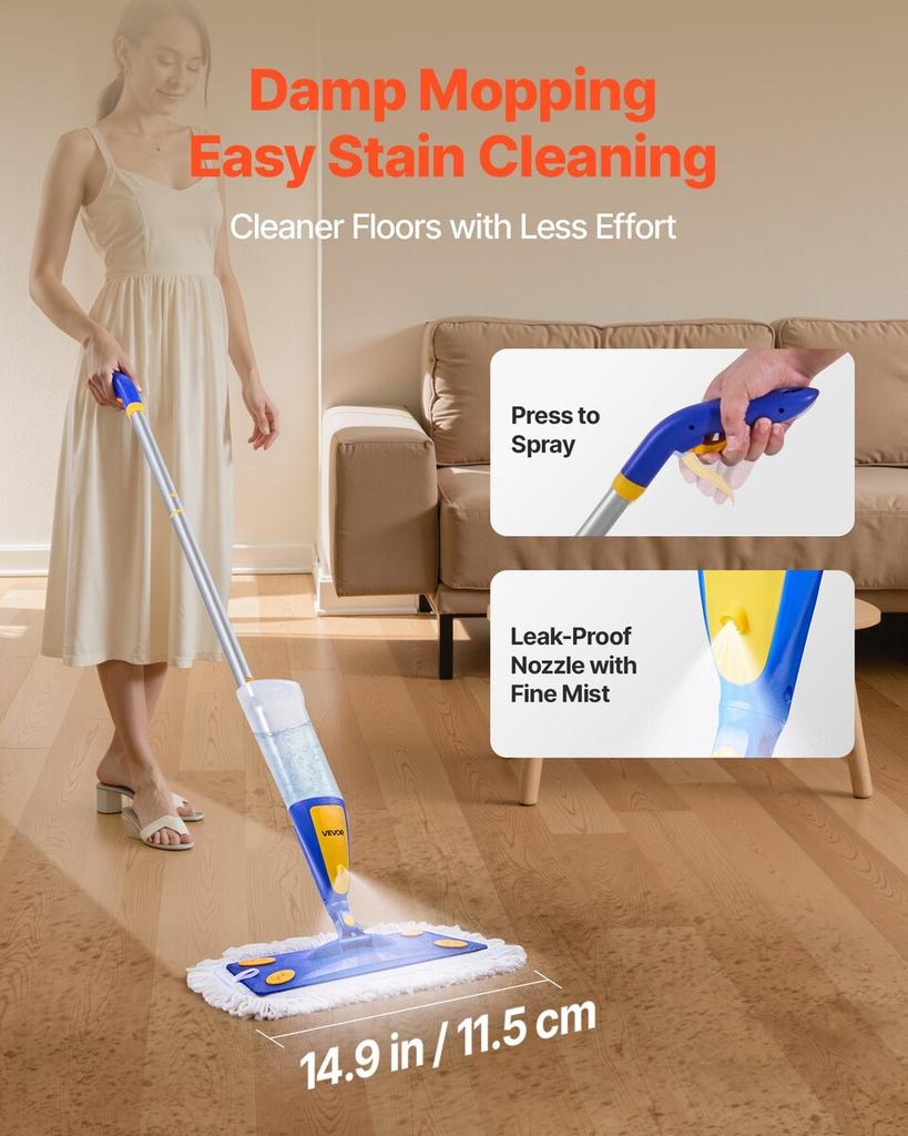 Spray Mop, with 3 Washable Pads for Dry and Wet Floor Cleaning & an 800ml Refillable Water Tank, Microfiber Dust Wet Mop & Twisted Cotton Dry Mop,