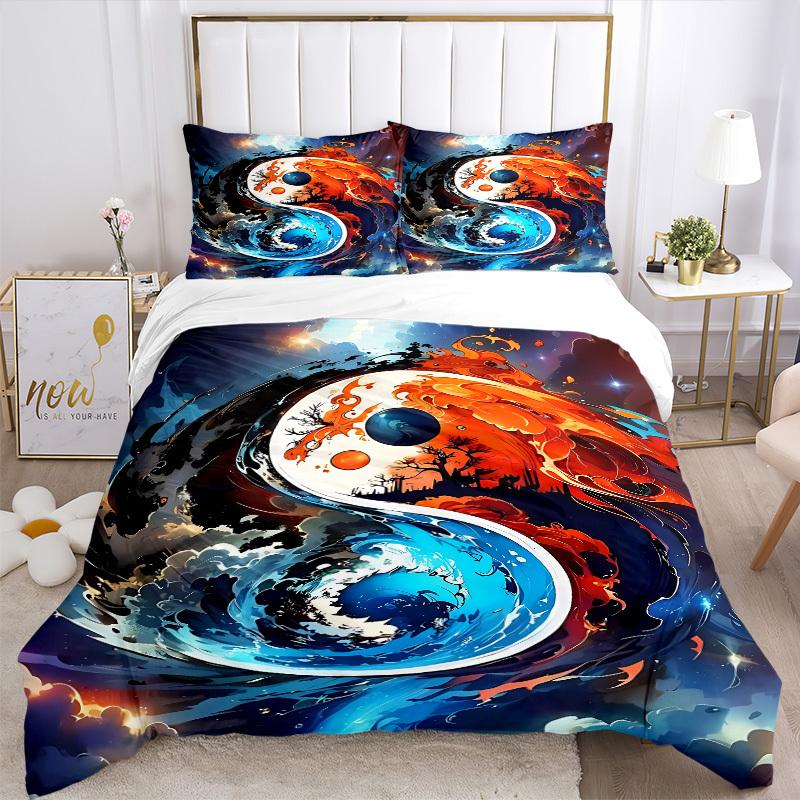 3PCs Yin Yang Symbol Design Cover Set, Breathable Fabric, Machine Washable (1 Duvet Cover + 2 Pillowcases) (Without Quilt) yy250911125