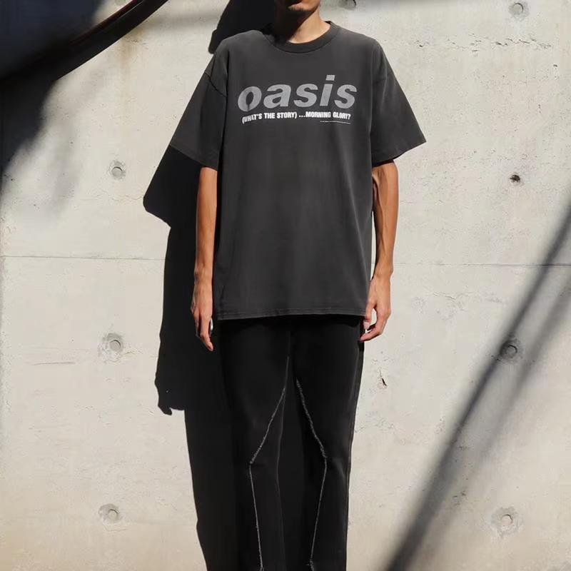 Summer New Oasis Band Men Harbor Style Heavy Cotton Oversize High Street Casual Loose Short Sleeve T-shirt Unisex Autumn Winter