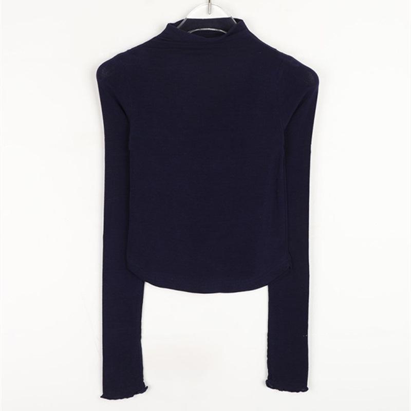 

Dongdaemun Style Sheer High Collar Waist-Cinched Long Sleeve Shirt One Size темно-синього кольору