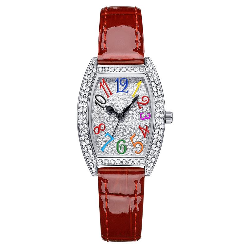 Fashion Full Diamond Barrel Women S Watch Trendy Color Digital Leather With Quartz Watch
