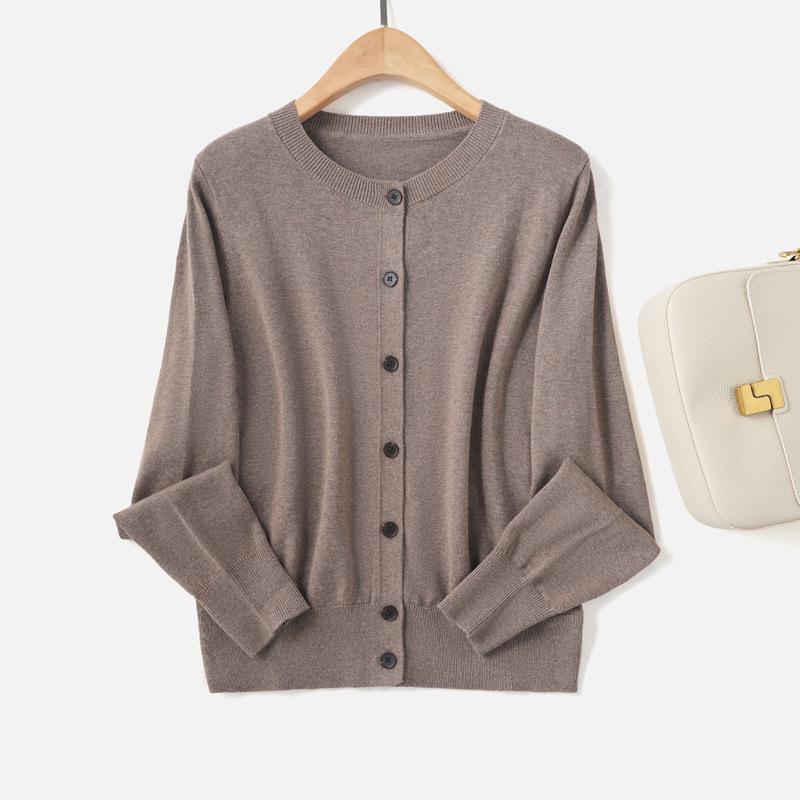 2025 Podzim Dámský Minimalistický Jednobarevný Pletený Kardigan - Ležérní Kulatý Výstřih Dlouhý Rukáv Kašmírový Svetr