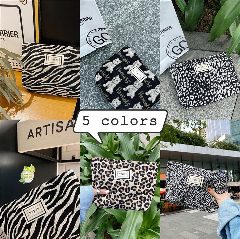 Korean Fashion Leopard & Zebra Print Canvas Makeup Clutch for Women - Convenient Toiletry Storage Bag