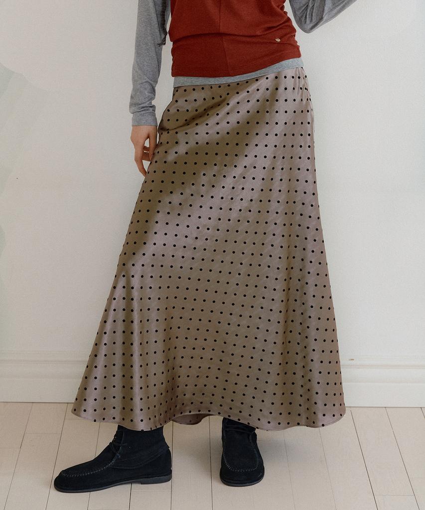 LUCIR ZU Satin Full Length Flare Skirt (Brown)