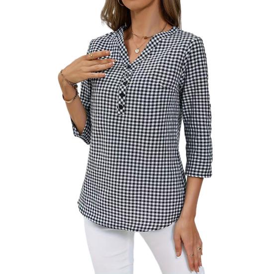 Women Shirt V-Neck Buttons Half Placket 3/4 Sleeve Casual Tops Loose Fit Plaid Print Commuting Style Summer Shirt S
