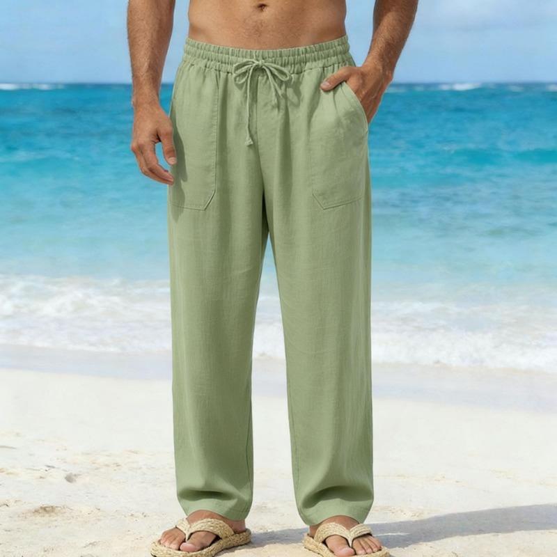 Pantaloni da Spiaggia da Uomo in Misto Lino Bianco Vita con Coulisse Pantaloni Casual