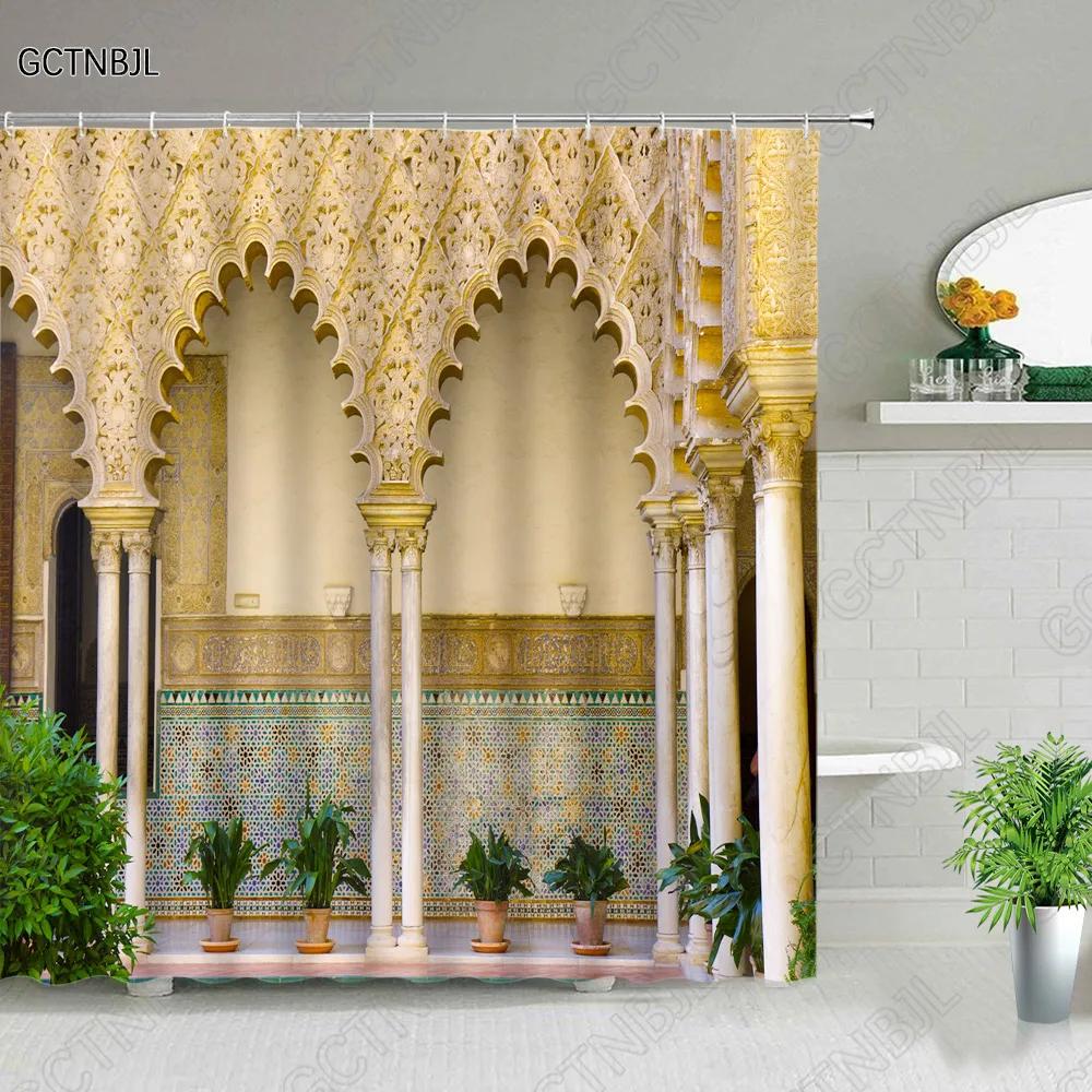 Moroccan Yellow Antique Arched Doors Shower Curtains Old Vintage Wooden Door Bathroom Waterproof Fabric Bath Curtains With Hooks