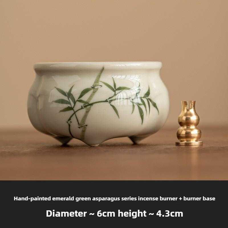 Emerald Green Asparagus Fern Three-Legged Incense Burner Home Indoor Chinese Zen Tea Set Ceramic Aromatherapy Stove Tea Ceremony