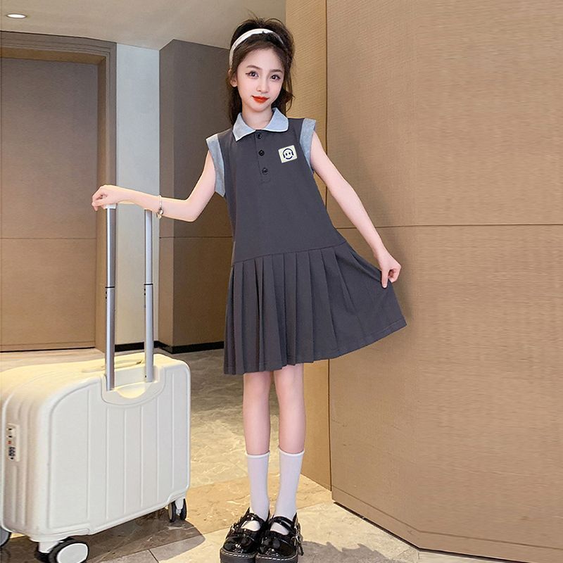 Girls Summer Polo Collar Sleeveless Pleated Dress
