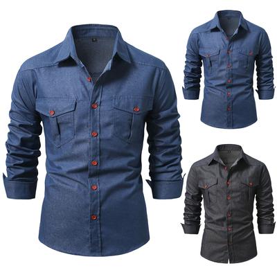 Men's Casual Solid Color Double Pocket Denim Single Breasted Lapel Long Sleeve Shirt