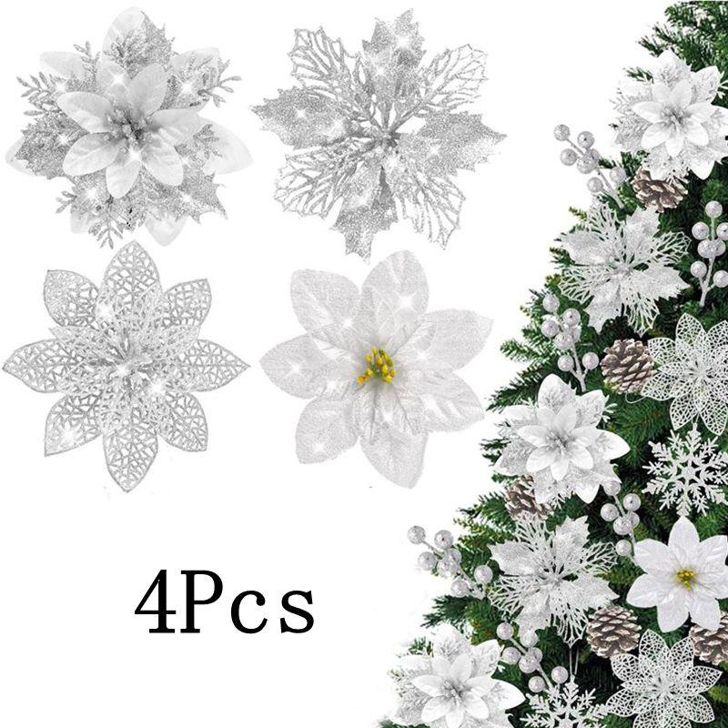 1 Set 11/13/14cm Rosa Künstliche Glitzer Weihnachtsblumen Weihnachtsbaum Kranz Hängende Ornamente Heimparty Neujahrsdeko Navidad