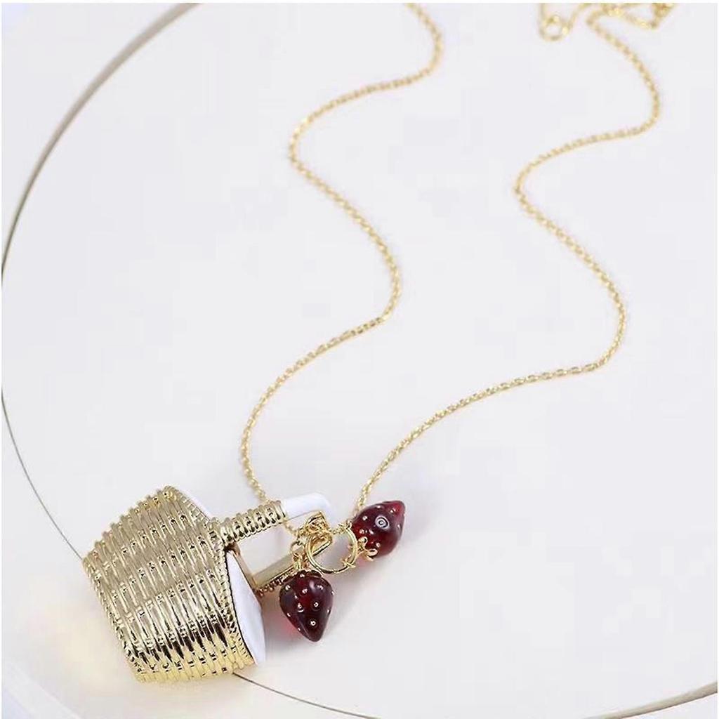 Colorful Strawberry and Basket Pendant Necklace Stylish Clavicle Chain Fashionable Neckchain Accessories for Women