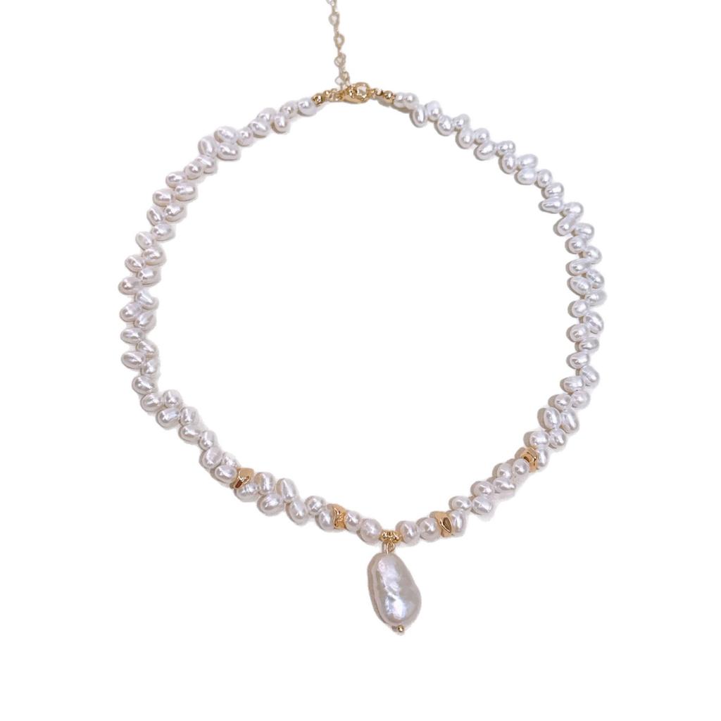 Korean-style Minimalist Necklace Featuring Uniquely Shaped Natural Freshwater Pearls Paired with a Long Baroque Pearl Pendant