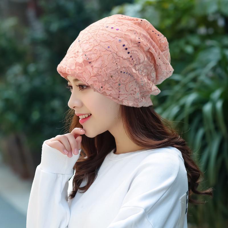 Women Summer Lace Rhinestone Breathable Sunscreen Sun Hat Female Spring Autumn Windproof Warm Confinement Cap Headscarf W54