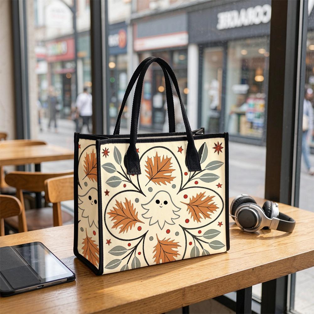 Cute Ghost Fall Leaf Printed Tote Bag Casual Handbag for Daily Use