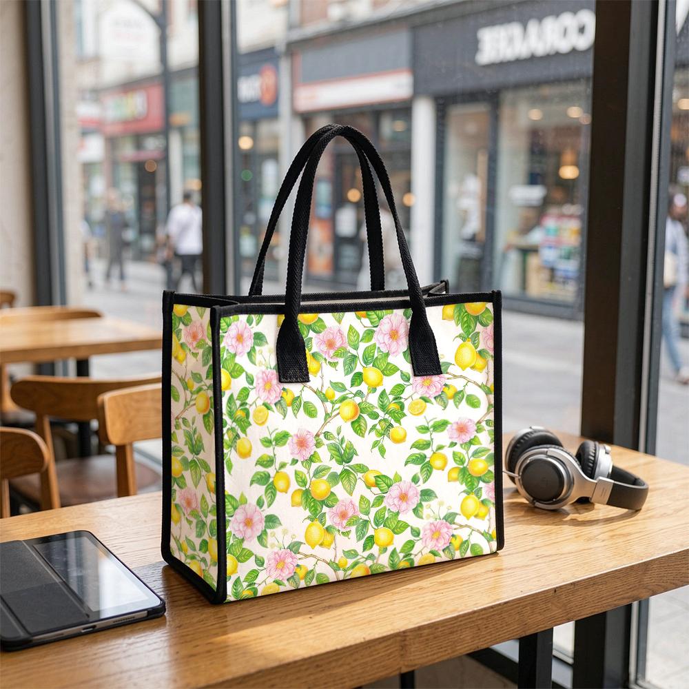 Floral Lemon Print Canvas Tote Bag Daily Use Shopping Handbag for Outdoor