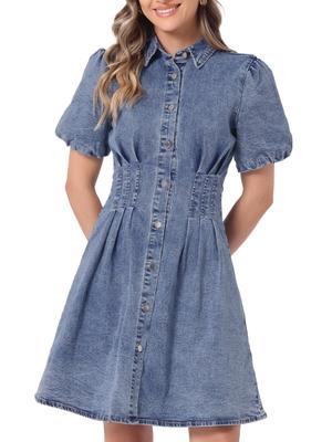Allegra K Women's Denim Puff Sleeve Dress, Short Sleeve, Collared, Button-Down, A-Line, Casual Jeans Dress, Mid Blue, Size S