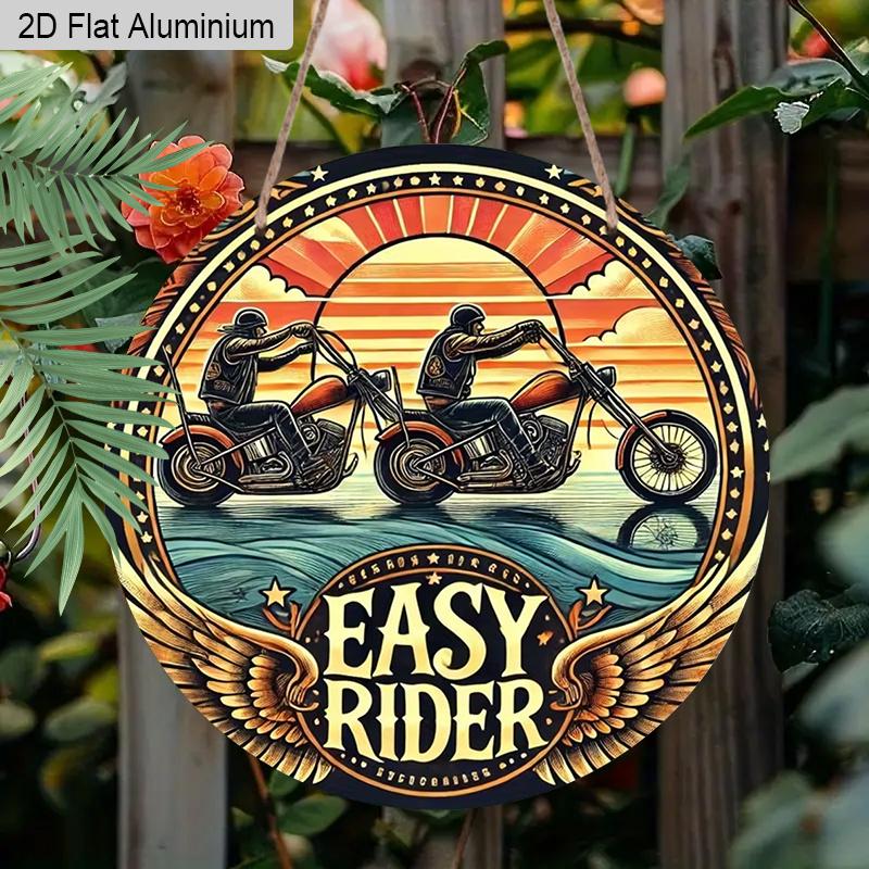 

2D Flat Aluminum Retro Easy Rider Motorcycle Metal Sign - Vintage Biker Wall Decor for Man Cave Garage Bar, Round Hanging Ornament - Unique Motorbike 1pc