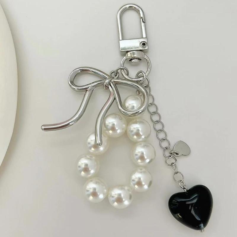 Sweet Bowknot Heart Pearls Keychain Pendant Lovely Hangings Decorations Keyring Charm for Purse Bag Backpack Handbag