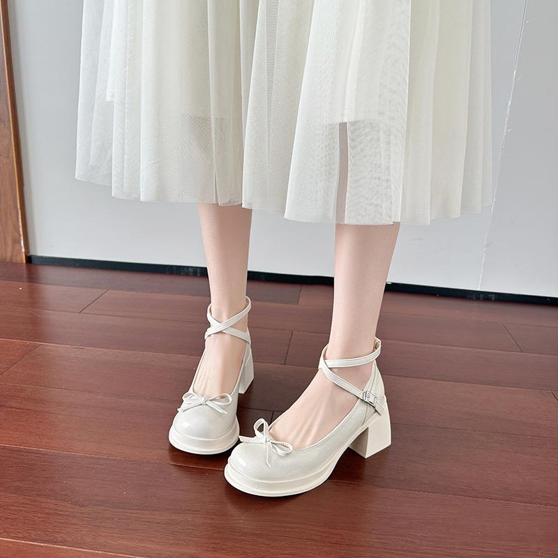 

Soft leather thick heel waterproof table Mary Jane shoes women s height-increasing bow one-word buckle light mouth high heels 35