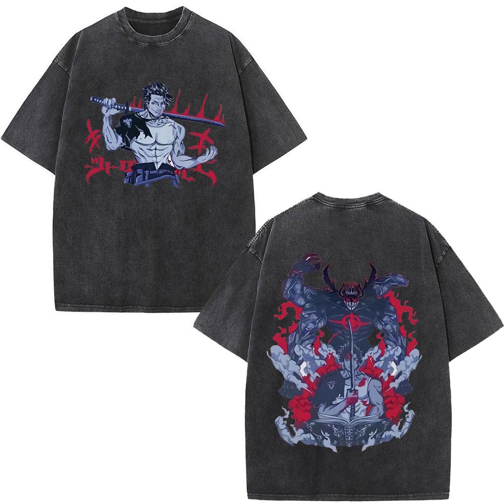 Washed Anime Black Clover Logo Graphic Print T-shirt Harajuku Summer Fashion Casual Cotton Oversized T-shirts Tops Streetwear