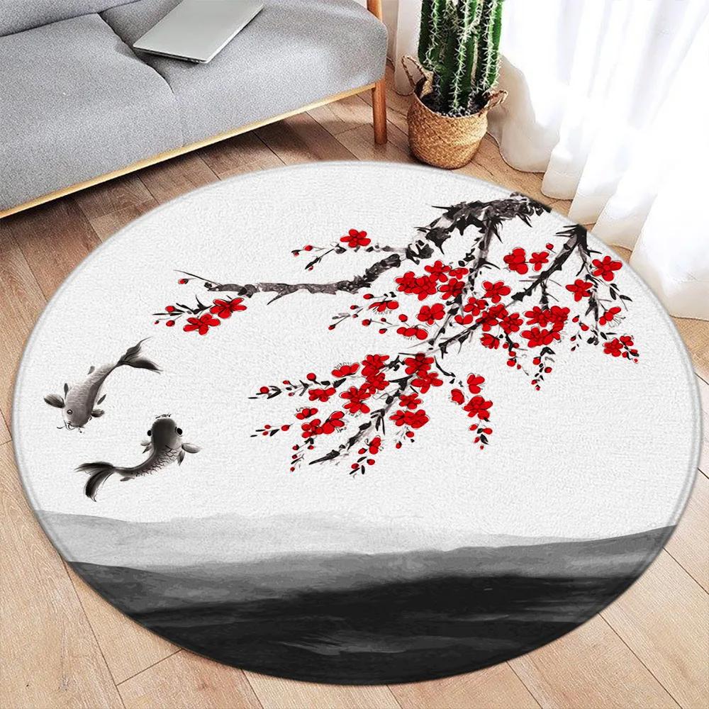 Round Rug – Koi Lotus Cherry Blossom Ink Art Carpet for Living Room Bedroom Home Decor