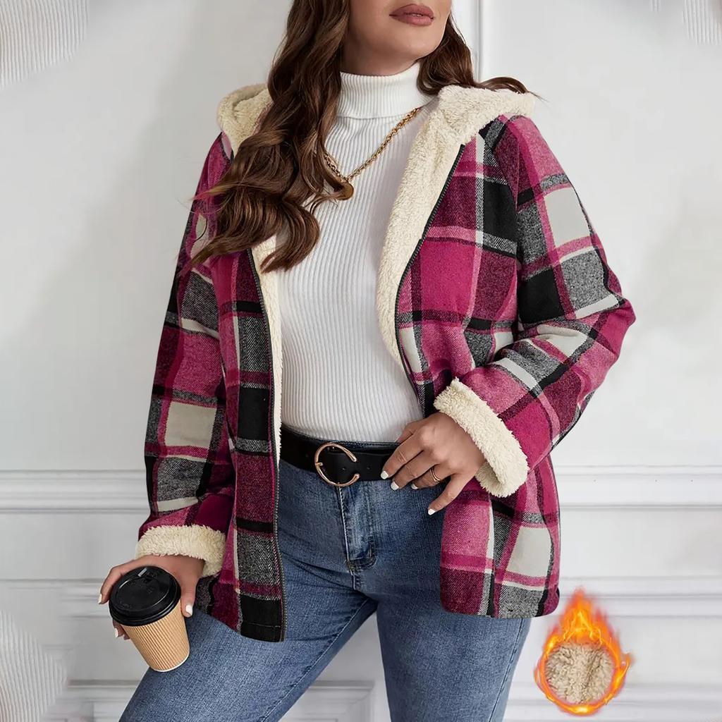 Ladies' Loose Comfortable Casual Fashionable Zipper Hooded Plaid Printed Jacket