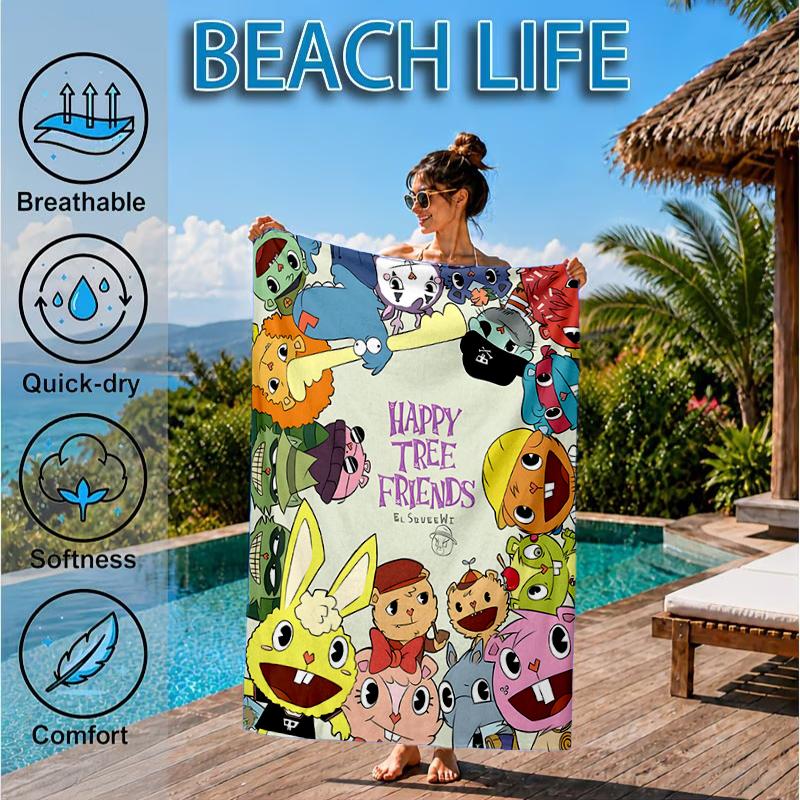 Toalla de Playa Aniversario de Happy Tree Friends, Toalla de Playa de Microfibra, Perfecta Para Piscina, Playa, Viajes, Decoración del Hogar, Regalos para Fans de Fiestas en la Playa