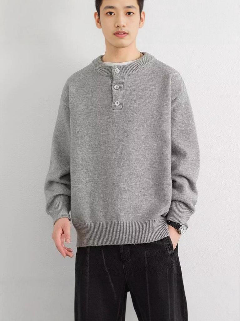 2025 Men's High-Quality Solid Color Retro Henley Knitwear for Autumn/Winter