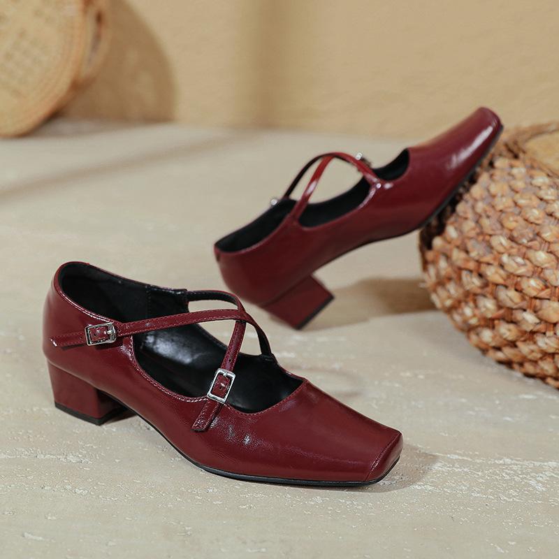 French Cross Strap Mid-heeled Shoes Small Square Toe Retro Women's Shoes Thick Heel Shallow Mouth High Heels